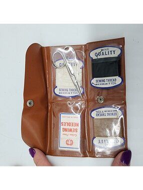Vintage Sewing Kit With Needles Threads & Scissors In Brown Snap Closure Pouch